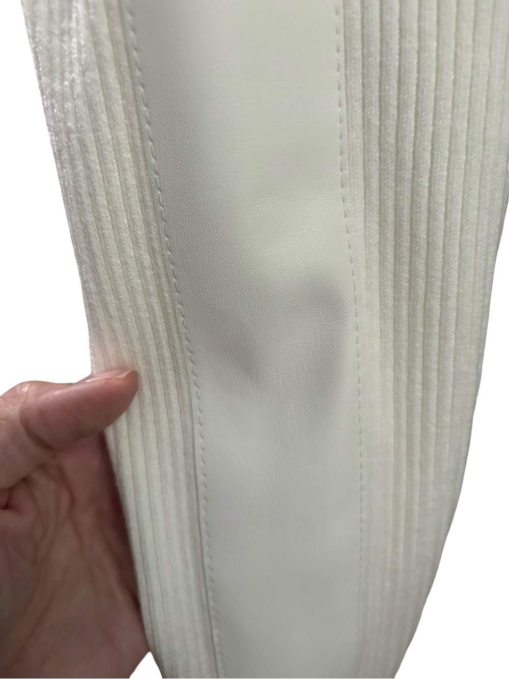 Evereve Cream Crewneck Rib Knit Sweater with Leather down the sleeves. - Picture 5 of 7